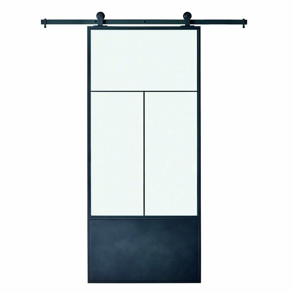 Renin Nation Frosted Glass Metal Barn Door with Installation Hardware Kit 37 in. KMCTNTF-37BL
